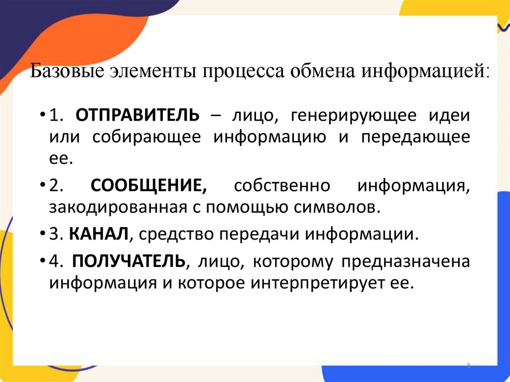Базовые элементы процесса обмена информацией: