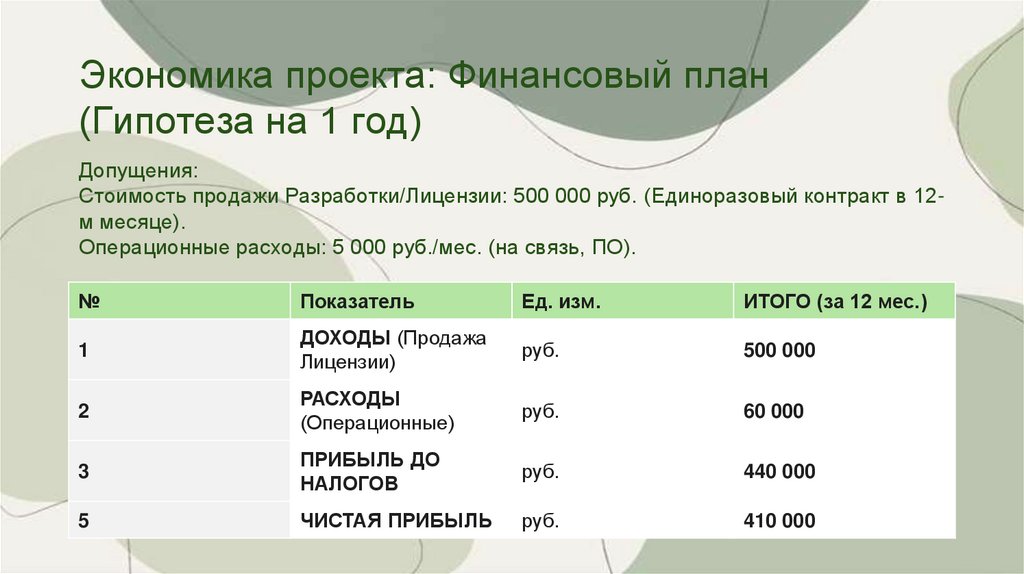 Экономика проекта: Финансовый план (Гипотеза на 1 год)