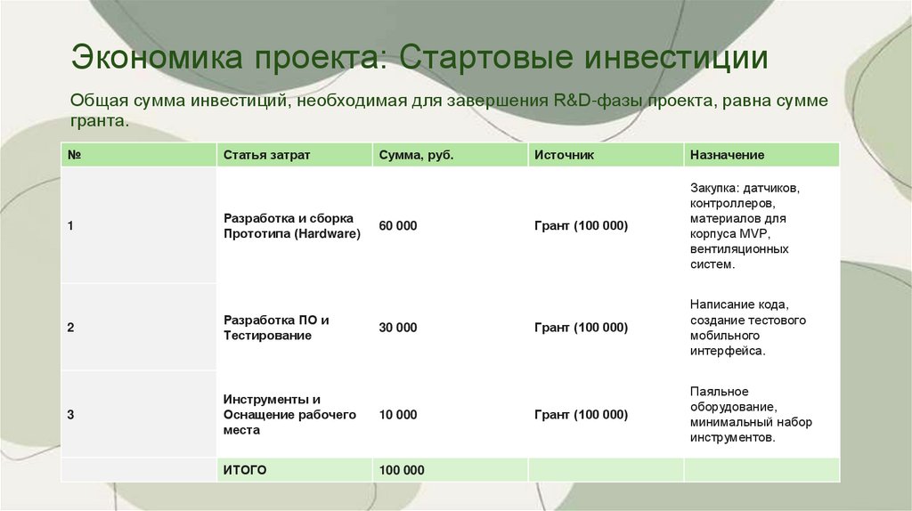 Экономика проекта: Стартовые инвестиции