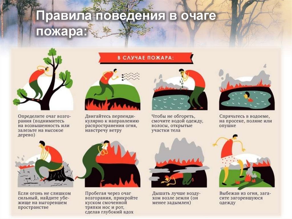 Правила поведения в очаге пожара: