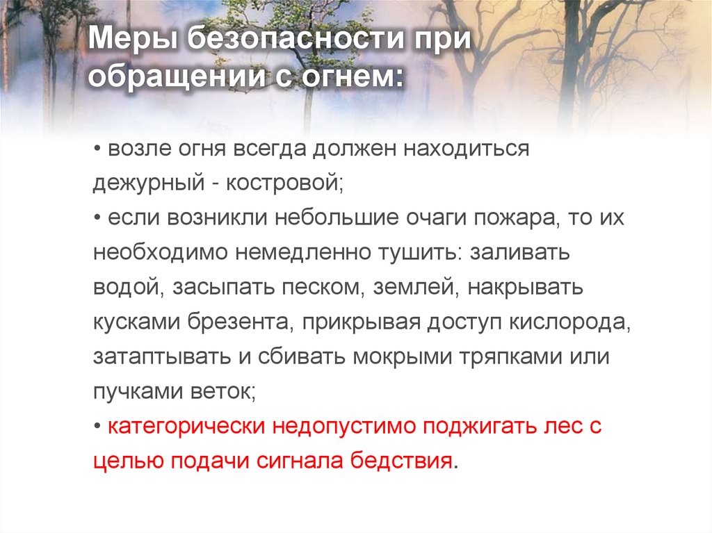 Меры безопасности при обращении с огнем: