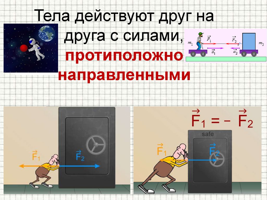Тела действуют друг на друга с силами, протиположно направленными