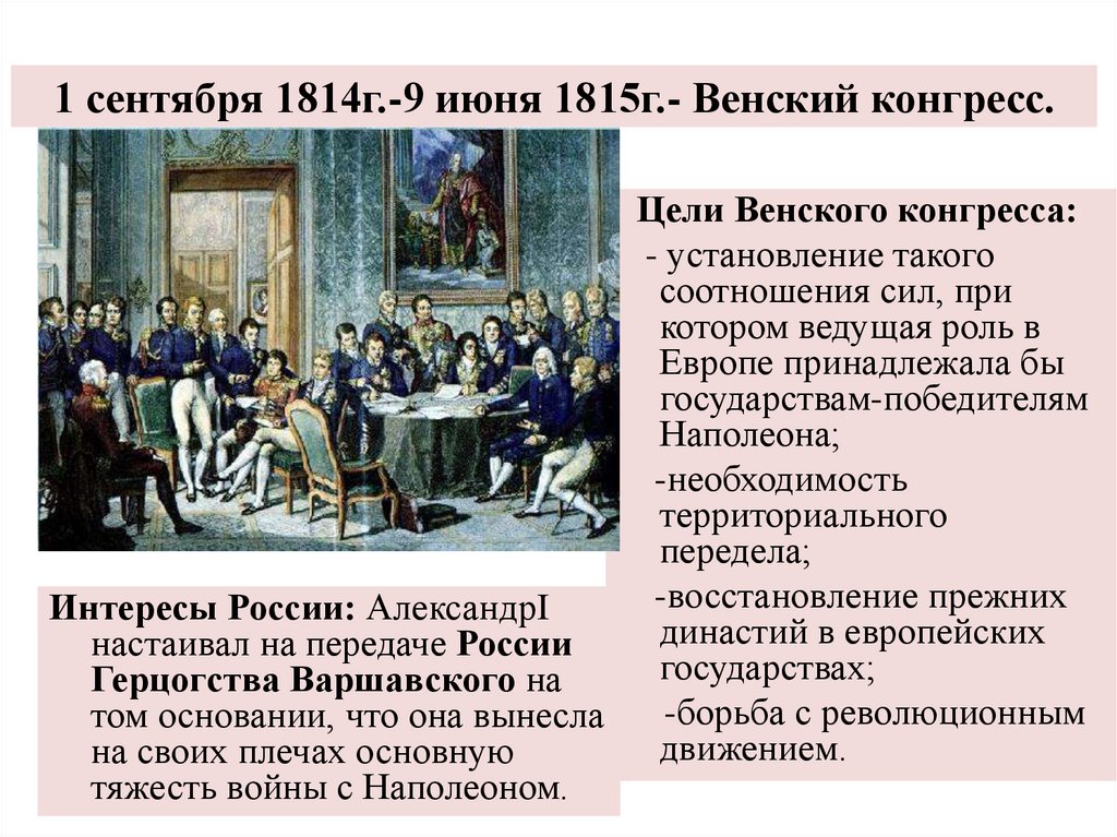 1 сентября 1814г.-9 июня 1815г.- Венский конгресс.
