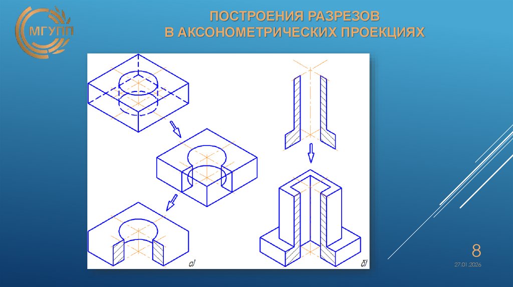 построения разрезов в аксонометрических проекциях