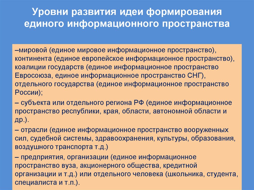 Уровни развития идеи формирования единого информационного пространства