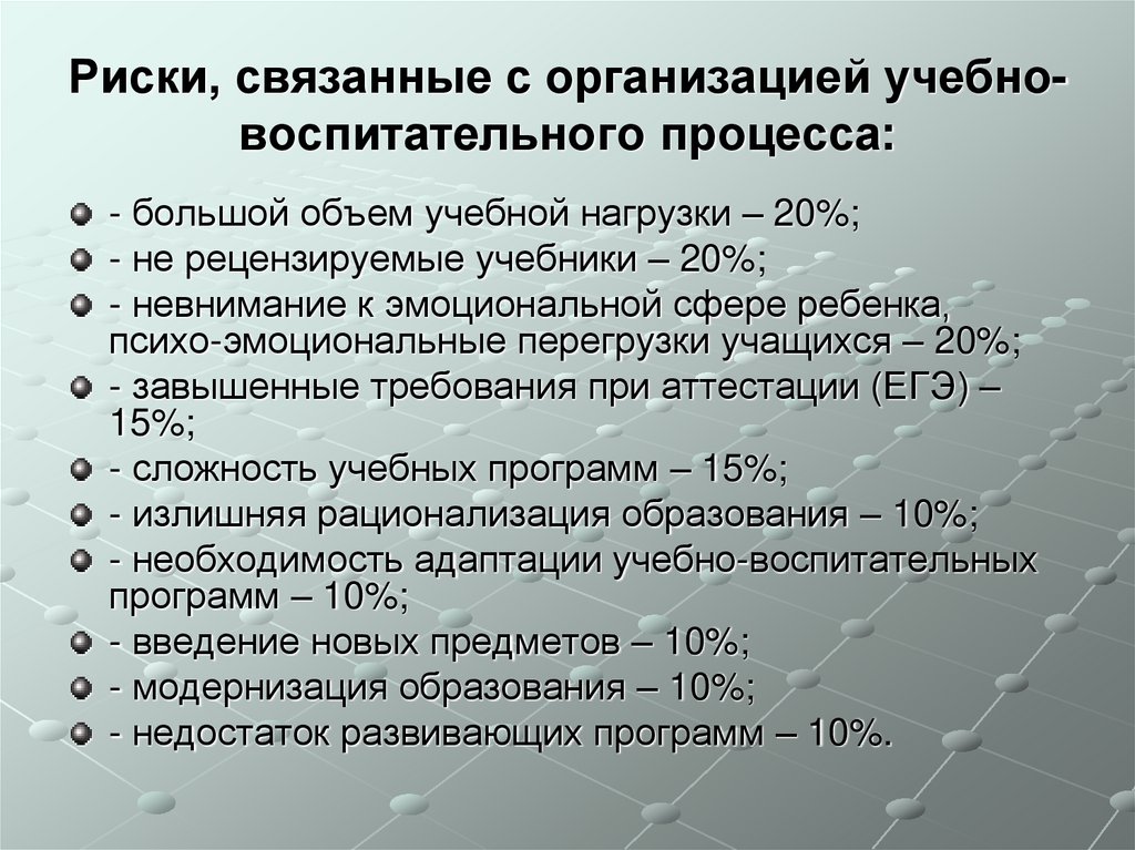 Риски, связанные с организацией учебно-воспитательного процесса: