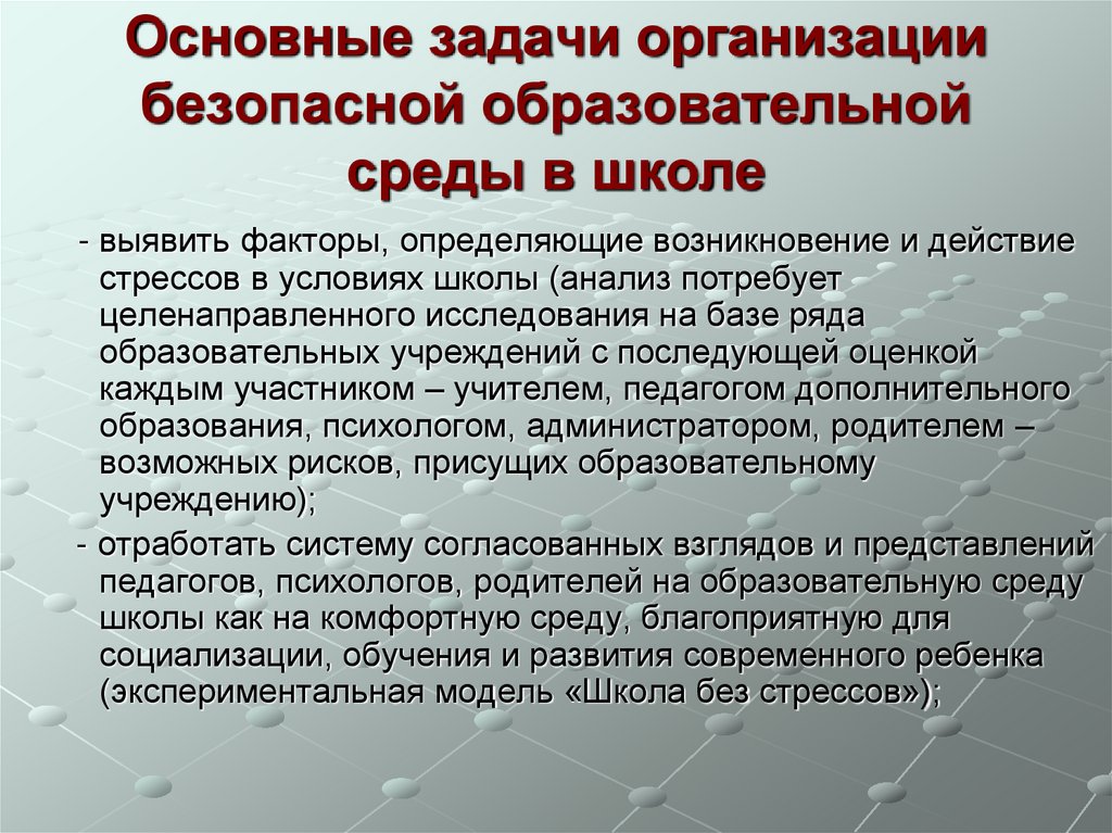 Основные задачи организации безопасной образовательной среды в школе
