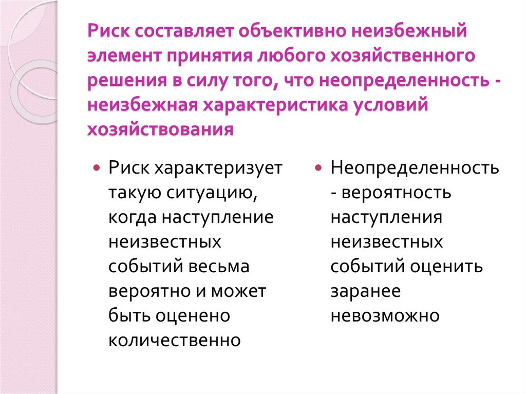 Риск составляет объективно неизбежный элемент принятия любого хозяйственного решения в силу того, что неопределенность -