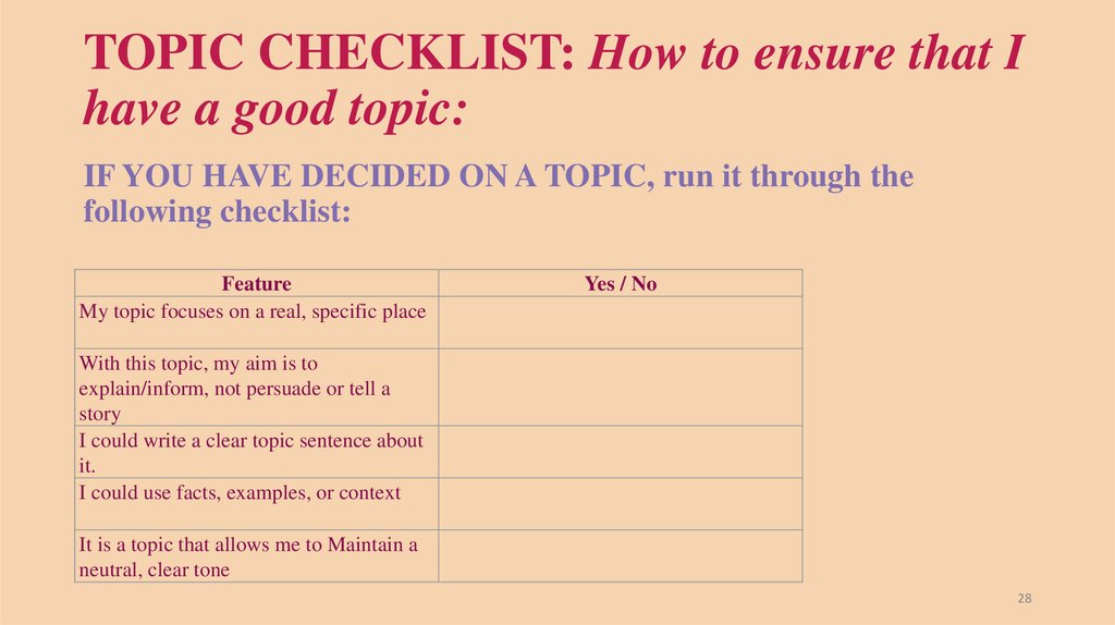 TOPIC CHECKLIST: How to ensure that I have a good topic: