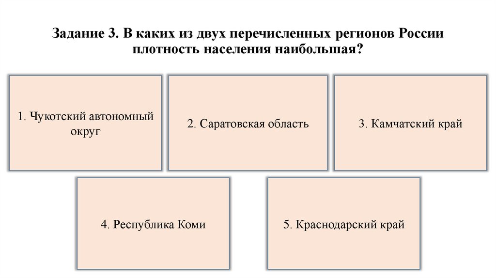 Задание 3. В каких из двух перечисленных регионов России плотность населения наибольшая?