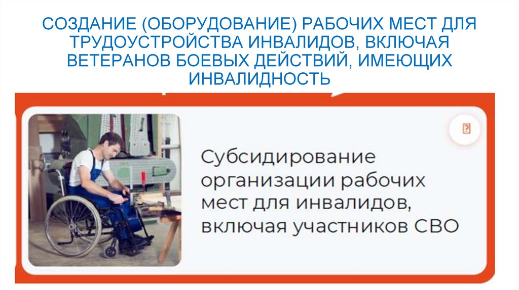 СОЗДАНИЕ (ОБОРУДОВАНИЕ) РАБОЧИХ МЕСТ ДЛЯ ТРУДОУСТРОЙСТВА ИНВАЛИДОВ, ВКЛЮЧАЯ ВЕТЕРАНОВ БОЕВЫХ ДЕЙСТВИЙ, ИМЕЮЩИХ ИНВАЛИДНОСТЬ