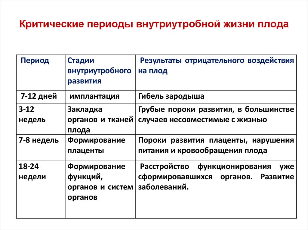 Критические периоды внутриутробной жизни плода
