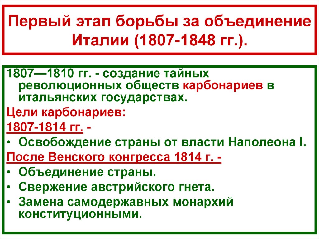 Первый этап борьбы за объединение Италии (1807-1848 гг.).