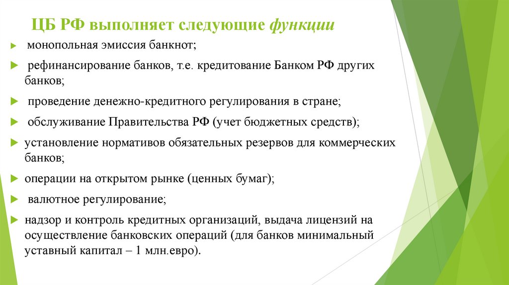 ЦБ РФ выполняет следующие функции