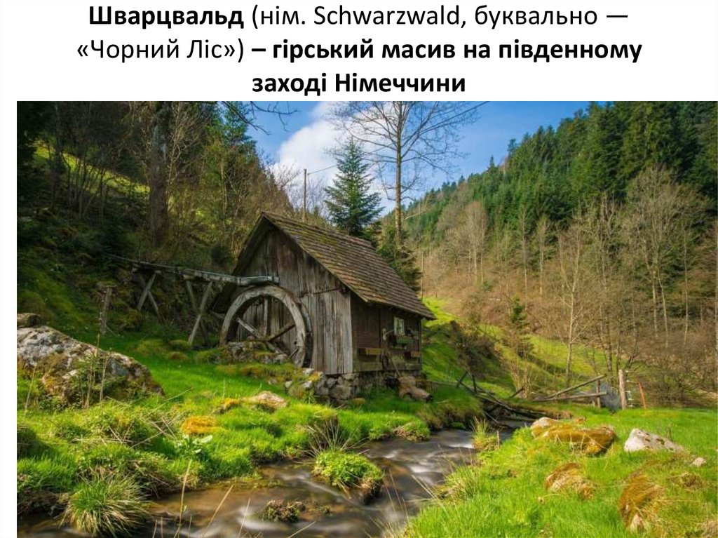 Шварцвальд (нім. Schwarzwald, буквально — «Чорний Ліс») – гірський масив на південному заході Німеччини