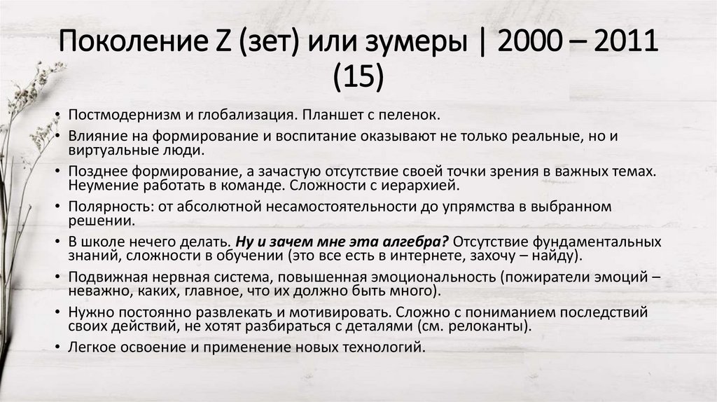 Поколение Z (зет) или зумеры | 2000 – 2011 (15)