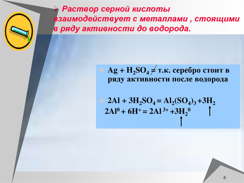 Раствор серной кислоты взаимодействует с металлами , стоящими в ряду активности до водорода.