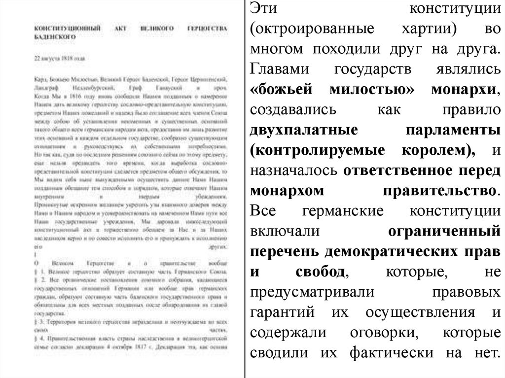 Эти конституции (октроированные хартии) во многом походили друг на друга. Главами государств являлись «божьей милостью»