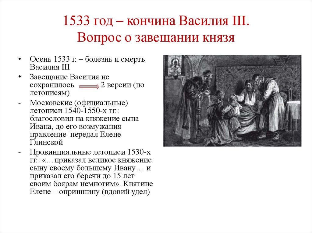1533 год – кончина Василия III. Вопрос о завещании князя