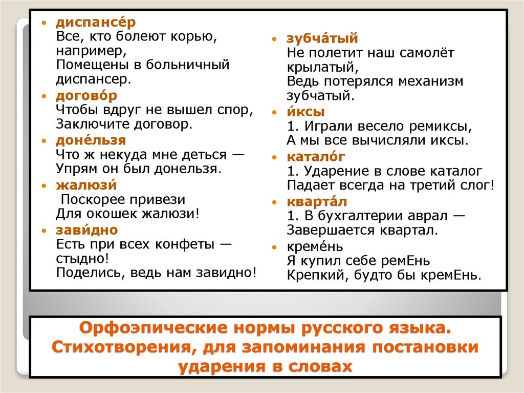 Орфоэпические нормы русского языка. Стихотворения, для запоминания постановки ударения в словах