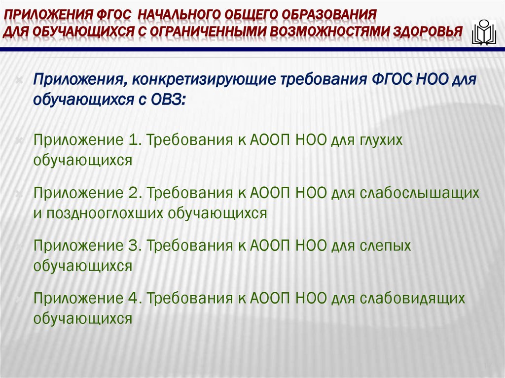 Приложения ФГОС начального общего образования для обучающихся с ограниченными возможностями здоровья