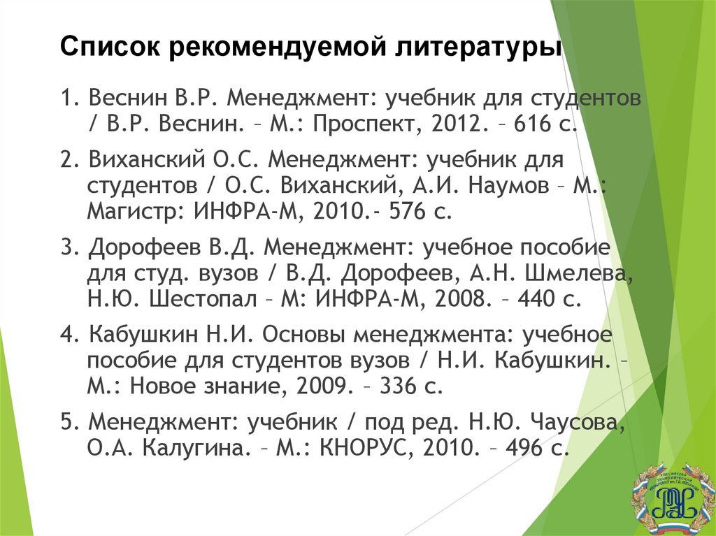 Список рекомендуемой литературы