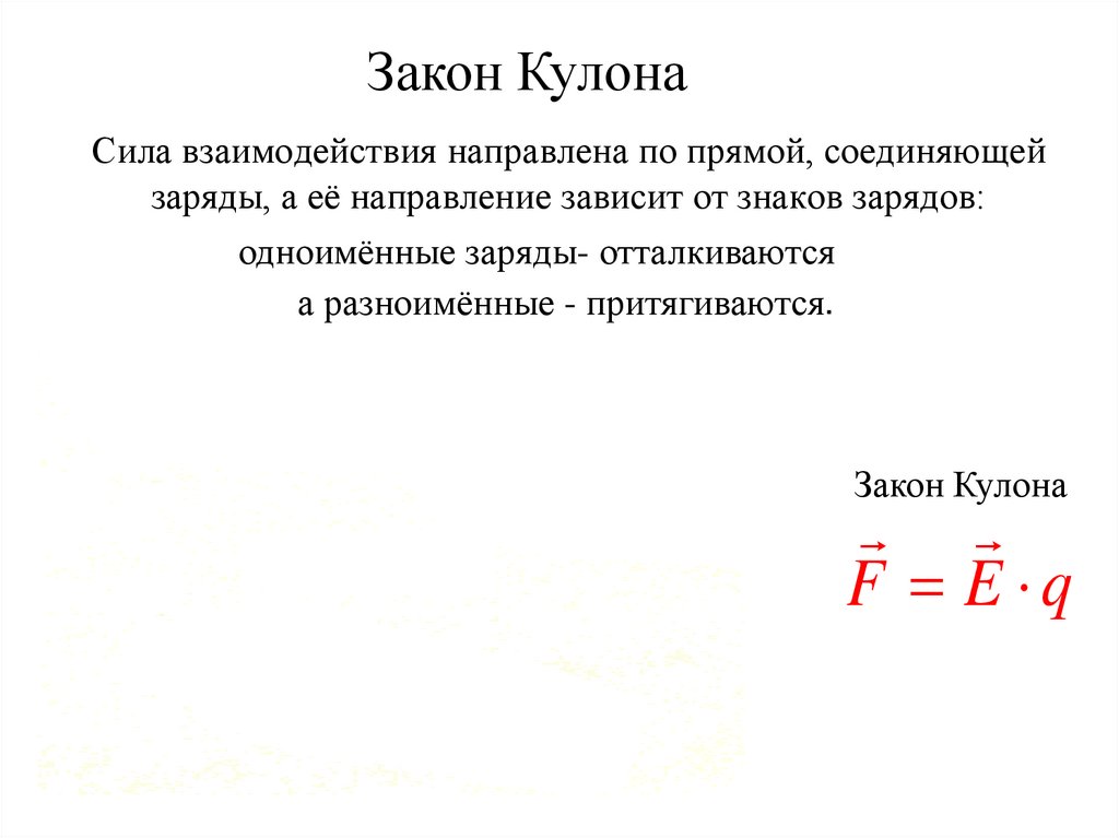 Сила взаимодействия направлена по прямой, соединяющей заряды, а её направление зависит от знаков зарядов: