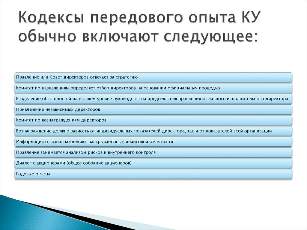 Кодексы передового опыта КУ обычно включают следующее: