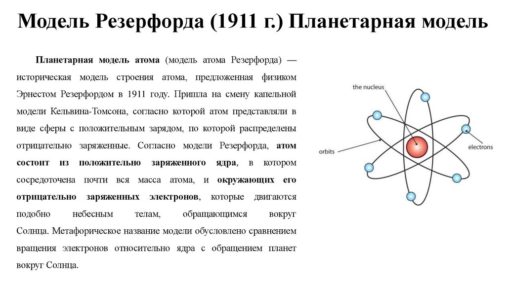 Модель Резерфорда (1911 г.) Планетарная модель