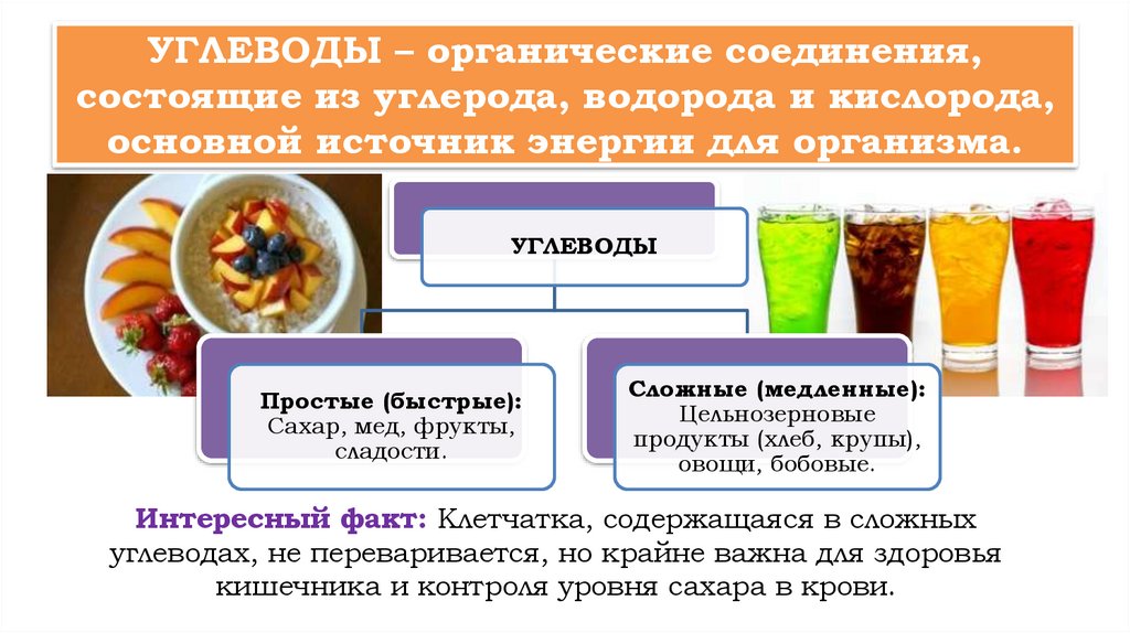 УГЛЕВОДЫ – органические соединения, состоящие из углерода, водорода и кислорода, основной источник энергии для организма.