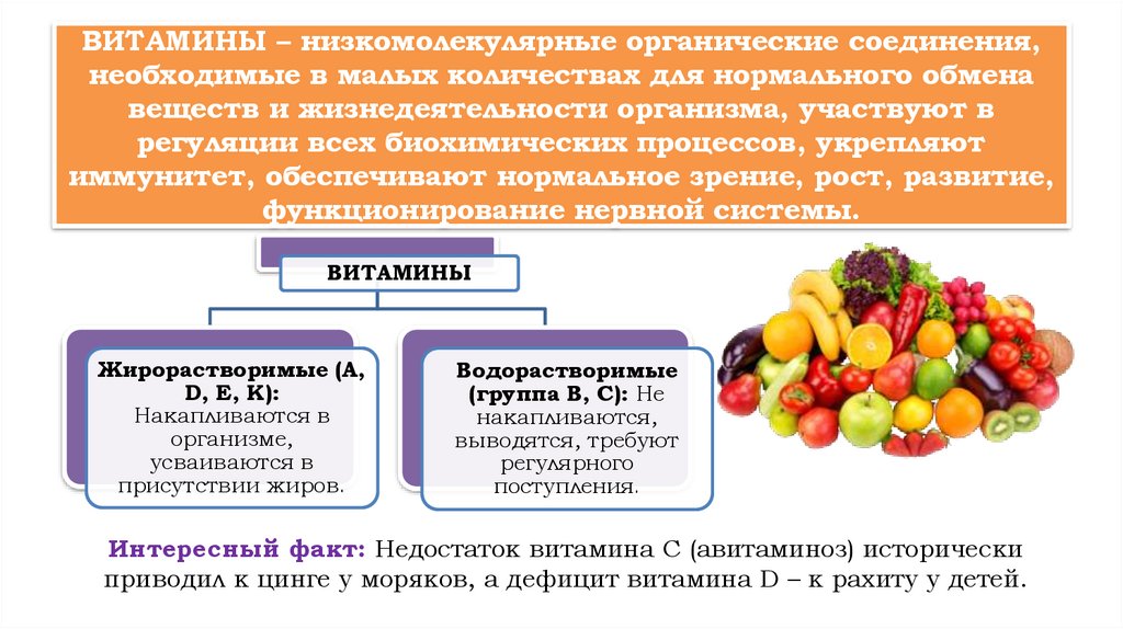 ВИТАМИНЫ – низкомолекулярные органические соединения, необходимые в малых количествах для нормального обмена веществ и