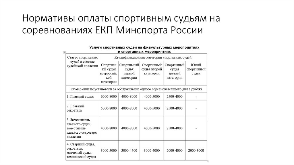Нормативы оплаты спортивным судьям на соревнованиях ЕКП Минспорта России