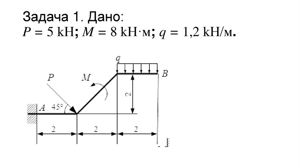 Задача 1. Дано: P = 5 kН; M = 8 kН·м; q = 1,2 kН/м.