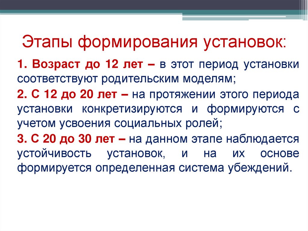 Этапы формирования установок: