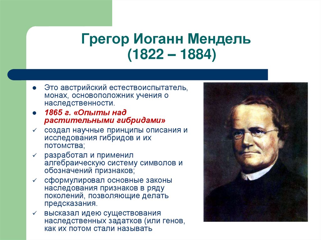 Грегор Иоганн Мендель (1822 – 1884)