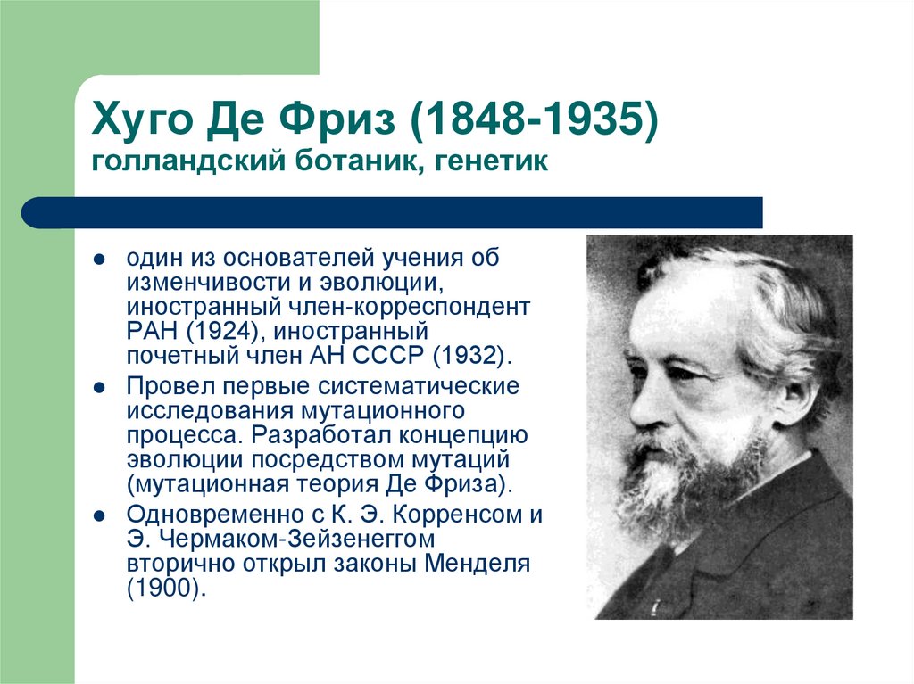 Хуго Де Фриз (1848-1935) голландский ботаник, генетик