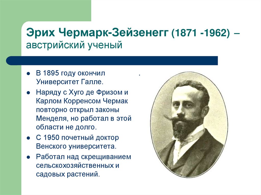 Эрих Чермарк-Зейзенегг (1871 -1962) – австрийский ученый