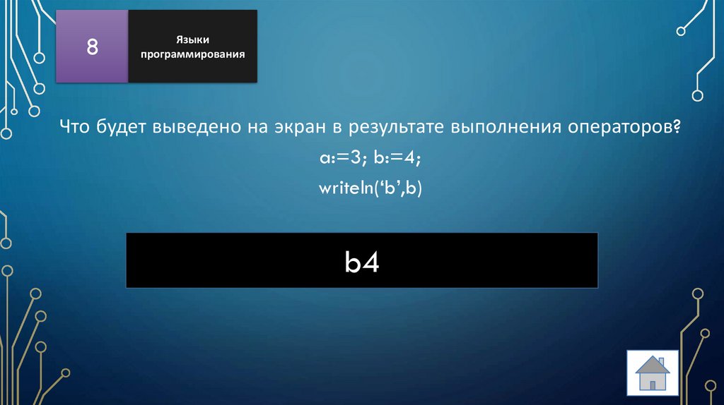 Что будет выведено на экран в результате выполнения операторов? a:=3; b:=4; writeln(‘b’,b)