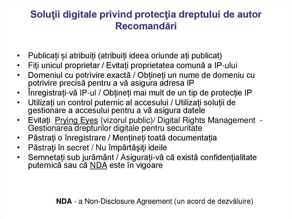 Soluţii digitale privind protecţia dreptului de autor Recomandări