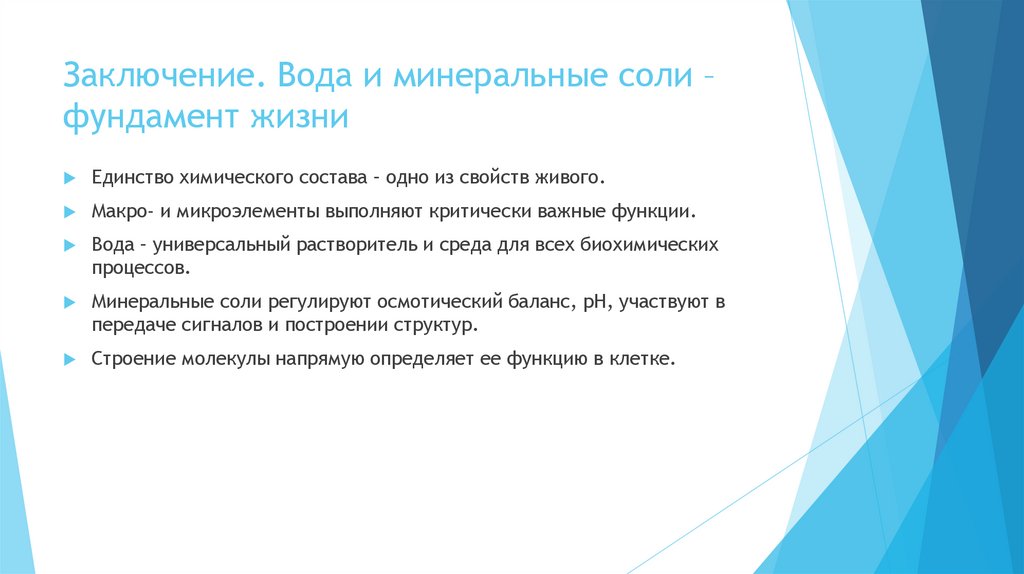 Заключение. Вода и минеральные соли – фундамент жизни