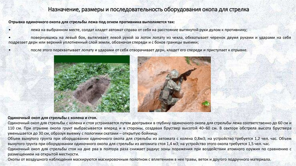 Назначение, размеры и последовательность оборудования окопа для стрелка