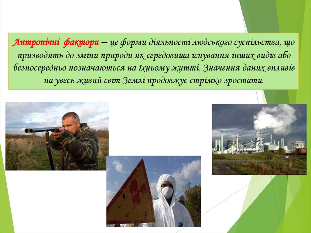 Антропічні фактори – це форми діяльності людського суспільства, що призводять до зміни природи як середовища існування інших