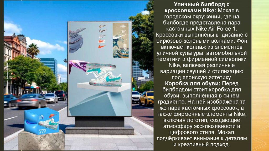 Уличный билборд с кроссовками Nike: Мокап в городском окружении, где на билборде представлена пара кастомных Nike Air Force 1.