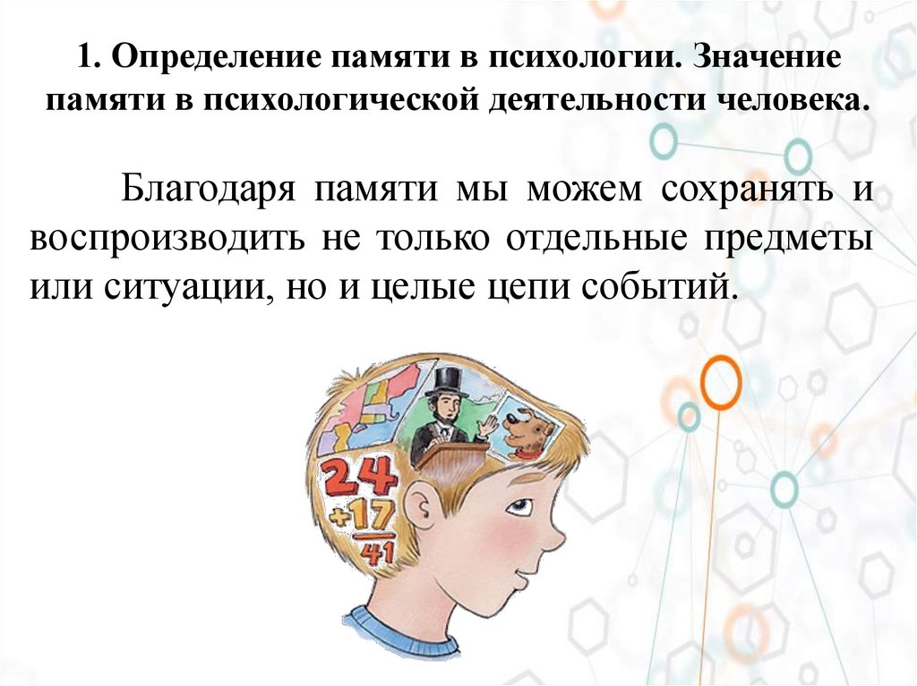 1. Определение памяти в психологии. Значение памяти в психологической деятельности человека.