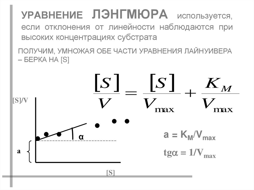 УРАВНЕНИЕ ЛЭНГМЮРА используется, если отклонения от линейности наблюдаются при высоких концентрациях субстрата