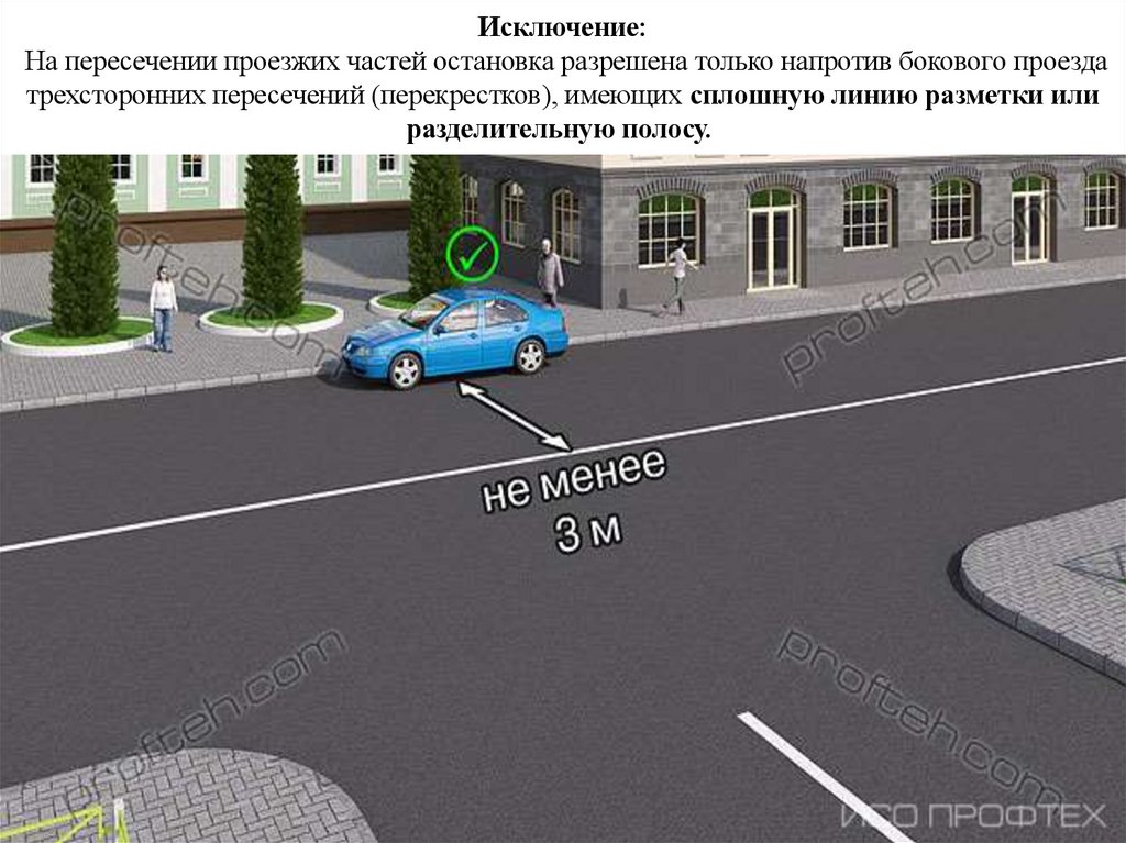 Исключение:  На пересечении проезжих частей остановка разрешена только напротив бокового проезда трехсторонних пересечений