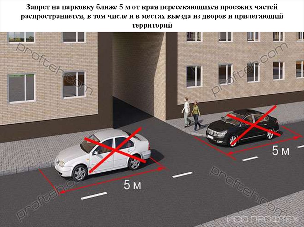 Запрет на парковку ближе 5 м от края пересекающихся проезжих частей распространяется, в том числе и в местах выезда из дворов и
