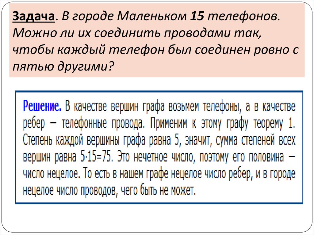 Задача. В городе Маленьком 15 телефонов. Можно ли их соединить проводами так, чтобы каждый телефон был соединен ровно с пятью