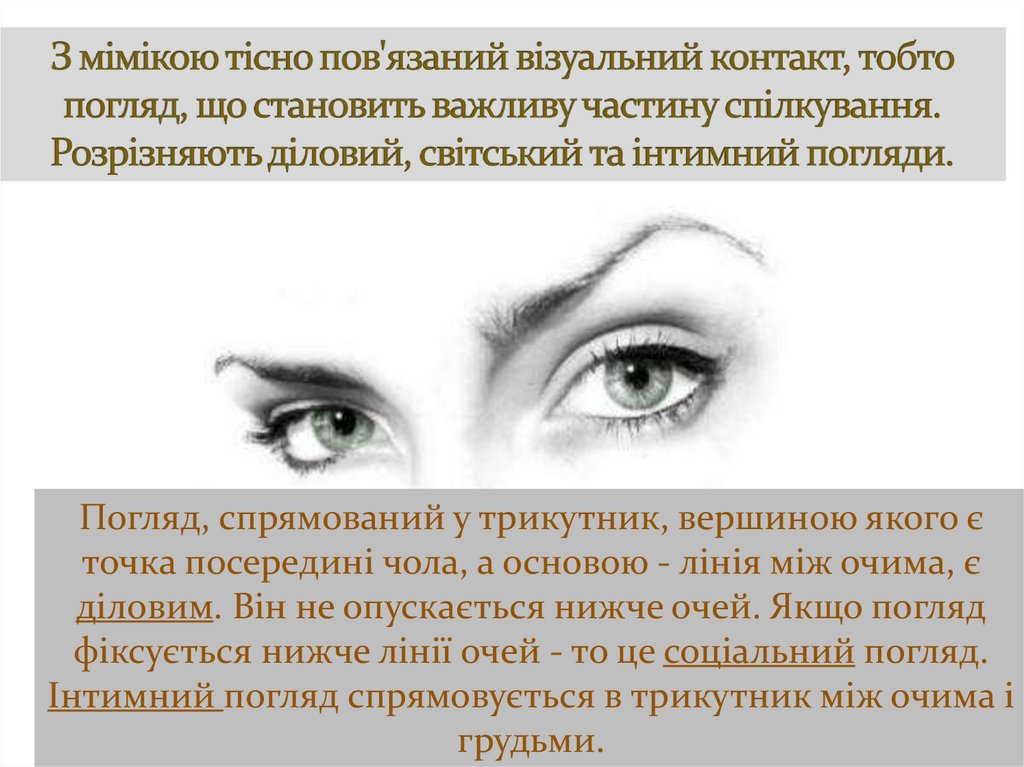 З мімікою тісно пов'язаний візуальний контакт, тобто погляд, що становить важливу частину спілкування. Розрізняють діловий,