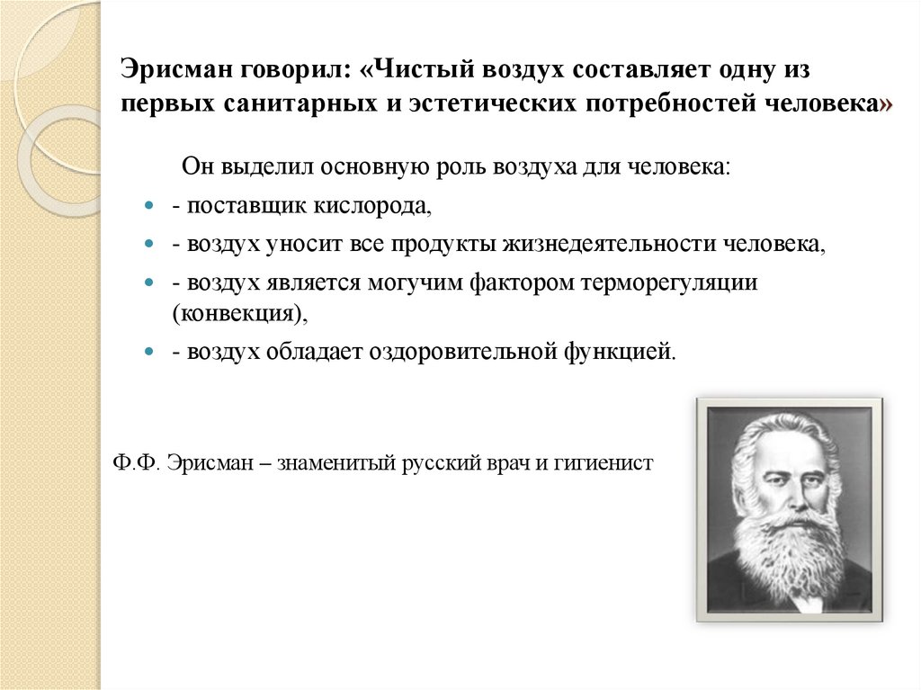 Эрисман говорил: «Чистый воздух составляет одну из первых санитарных и эстетических потребностей человека»